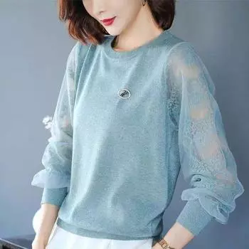 Вязаный свитер Ice Silk для женщин с длинными рукавами, весна/лето, тонкий, свободный, короткий, универсальный, кружевной низ, верх M синий