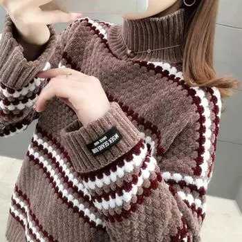 Вязаный свитер из синели, женский повседневный свободный свитер с высоким воротником и длинными рукавами, осень/зима, толстый теплый свитер с низом one size