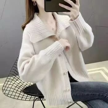 Вязаный свитер, кардиган, женский шикарный свободный кукольный вырез, однотонное повседневное женское пальто с длинным рукавом и жареным тестом One Size чёрный