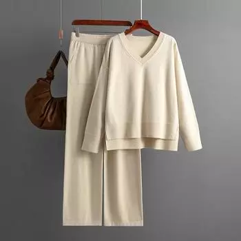 Вязаный свитер, комплект из 2 предметов, женский пуловер с v-образным вырезом, прямые спортивные брюки, костюмы, повседневный спортивный костюм оверсайз, женский One Size светло-зеленый