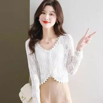 Вязаный свитер, короткий, маленький, тонкий, солнцезащитная куртка, верхняя женская одежда, кардиган, шаль, с длинными рукавами, верх с вырезом. One Size бежевый