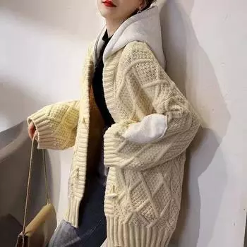 Вязаный свитер, куртка, женская свободная верхняя одежда, осень и зима, ретро, толстая линия, скрученная, средней длины, параграф, сращивание, кардиган с капюшоном One size серый