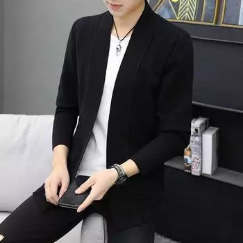 Вязаный свитер мужской топ молодежная мужская одежда корейская версия облегающий вязаный свитер кардиган мужское пальто M чёрный