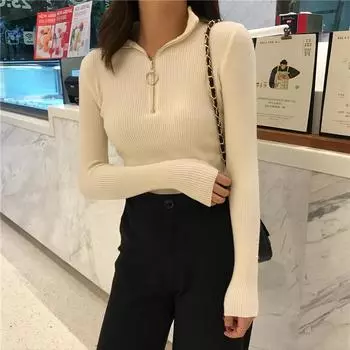 Вязаный свитер на молнии, женский тонкий свитер, с половиной высоким воротником, модные элегантные зимние базовые пуловеры one size белый