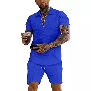 Вязаный свитер независимая станция Мужской повседневный однотонный на молнии с отложным воротником рубашка с коротким рукавом комплект S