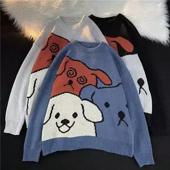 Вязаный свитер, одежда для пар, осень и зима, модный бренд, мультфильм, повседневный, свободный, с круглым вырезом, свитер для женщин M
