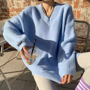 Вязаный свитер осень-зима свободного кроя с V-образным вырезом средней длины, однотонный трикотажный топ с длинным рукавом для женщин, модная верхняя одежда One Size флуоресцентный желтый