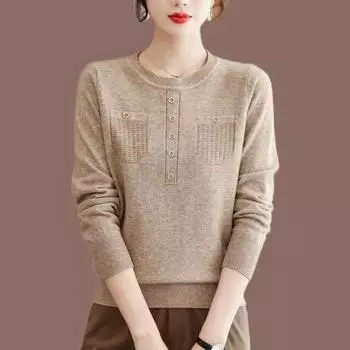 Вязаный свитер, осенний женский свитер, пуловер с длинными рукавами и однотонной подкладкой, осенний женский свитер 2023, повседневный свитер с круглым вырезом, женский пуловер One Size чёрный