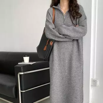 Вязаный свитер-пуловер женский зимний на молнии утолщенный длиной до колена с высоким воротом свободная внутренняя юбка-свитер One Size бежевый