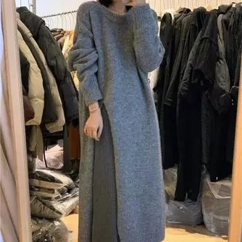Вязаный свитер с боковыми разрезами Женская одежда Осень и зима Ленивый стиль Свободный повседневный Среднего и длинного платья Пуловер one size fits all серый