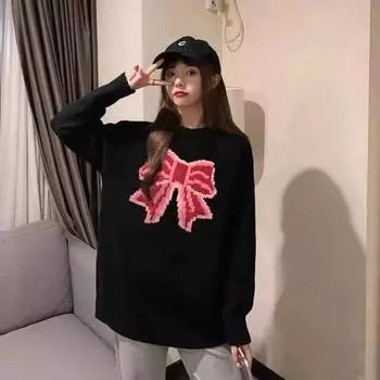 Вязаный свитер с черным бантом, пуловер, женский ленивый пуловер, дизайн, сладкий осенний свободный свитер с круглым вырезом, пуловер, женский топ One Size чёрный