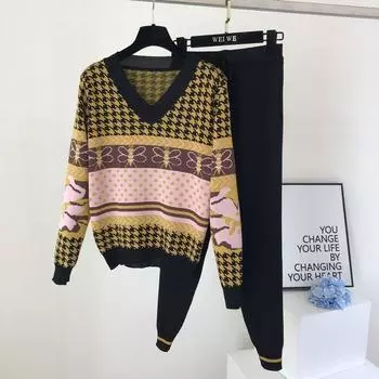 Вязаный свитер с длинным рукавом и винтажным принтом, спортивный костюм из 2 предметов, женский модный жаккардовый пуловер + повседневный комплект в полоску с шароварами One Size чёрный
