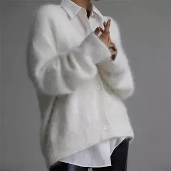 Вязаный свитер с длинным рукавом, ленивый и свободный свитер, пальто с V-образным вырезом, кардиган S белый