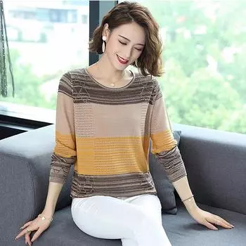 Вязаный свитер с длинным рукавом, женский наружный свободный топ с круглым вырезом, свитер 2023, женская нижняя рубашка One Size жёлтый
