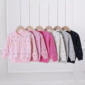 Вязаный свитер с длинными рукавами для девочек. Детский яркий кардиган в горошек. 130