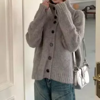 Вязаный свитер с длинными рукавами и бархатными лацканами для женщин, свободный кардиган, свитера на осень-зиму one size серый