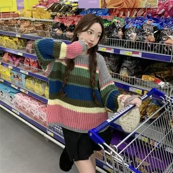 Вязаный свитер с длинными рукавами и напуском для пожилых людей в радужную полоску, женский осенне-зимний повседневный свитер с круглым вырезом, пуловер, женский One Size зелёный