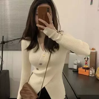 Вязаный свитер с длинными рукавами и нерегулярным крестом и v-образным вырезом для женщин, осень/зима 2023, тонкий свитер, пуловер, женский