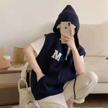 Вязаный свитер с капюшоном и V-образным вырезом в студенческом стиле, жилет для женщин, осенняя новая куртка с застежкой-молнией, свитер one size fits all тёмно-синий