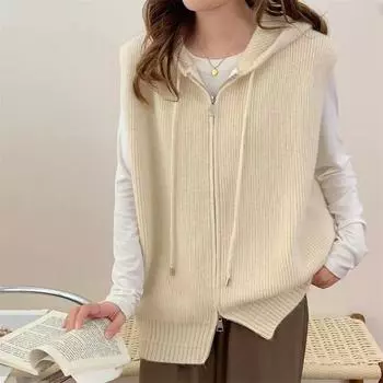 Вязаный свитер с капюшоном на молнии для женщин, осень и зима, новый свободный повседневный жилет без рукавов, свитер, жилет, куртка, прилив one size fits all серый