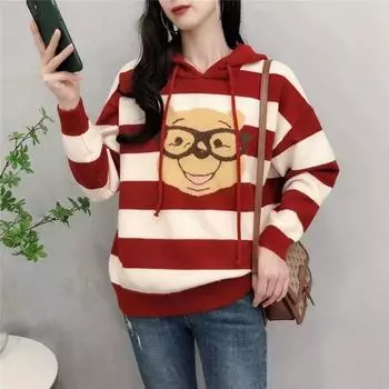 Вязаный свитер с капюшоном, осень-зима 2022, студенческая одежда с цветными блоками из мультфильмов, корейская версия, свободный полосатый свитер для женщин