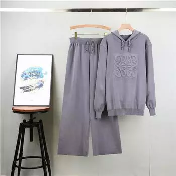 Вязаный свитер с капюшоном, женский, осенний, больших размеров, ленивый, модный, стареющий, с широкими штанинами, брючный костюм One Size чёрный