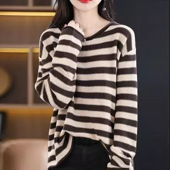 Вязаный свитер с контрастной полосой для женщин, весенне-осенний свободный свитер с круглым вырезом, универсальная верхняя одежда, свитер, пуловер