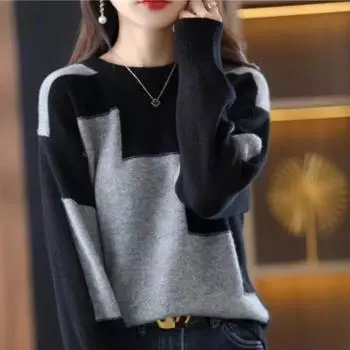 Вязаный свитер с круглым вырезом и цветными блоками, женский осенне-зимний свитер с контрастным цветовым дизайном, повседневная универсальная рубашка со свободным верхом и низом XXL белый