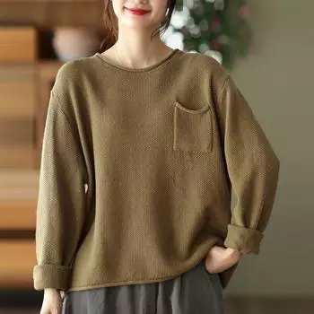 Вязаный свитер с круглым вырезом в стиле ретро, однотонный женский свитер с длинными рукавами, теплый топ, свободная повседневная трикотажная рубашка в стиле Харадзюку, осень-зима one size темно-коричневого