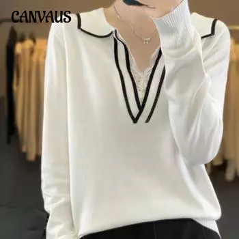 Вязаный свитер с лацканами, женский весенне-осенний свободный повседневный модный свитер поло с сочетанием цветов M белый