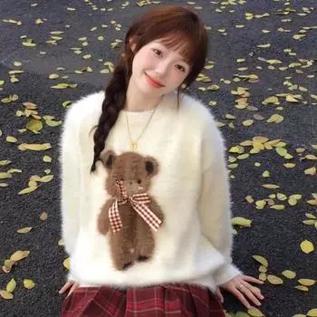 Вязаный свитер с мультяшным бантом и лентой, милый пушистый пуловер, свитер-топ для женщин 2024 года, одежда 2000-х годов, кавайный гранж, корейский S бежевый