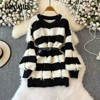 Вязаный свитер с напуском, женский зимний, полосатый, с дырочками, свободный, с круглым вырезом серый