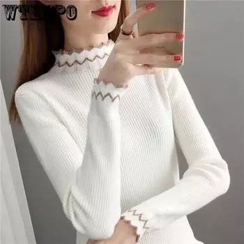 Вязаный свитер с полувысоким воротом и основанием, женский осенне-зимний топ с длинными рукавами, кружевной белый свитер S абрикосовый