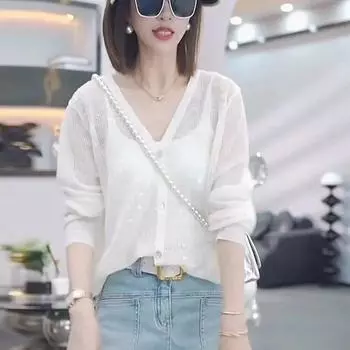 Вязаный свитер с полым V-образным вырезом и ленивыми пайетками, свободный и тонкий летний защитный чехол для кондиционирования воздуха, длинные рукава. One Size зелёный