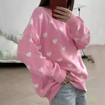 Вязаный свитер с принтом в виде сердца, женский свободный свитер с круглым вырезом и длинными рукавами, осенний уличный повседневный свитер, пуловер One Size чёрный