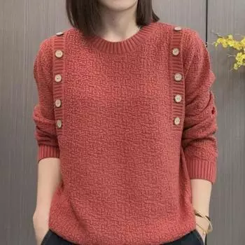Вязаный свитер с пуговицами, женский, осень и зима, большие размеры, круглый вырез, темпераментный свитер, свободный топ S