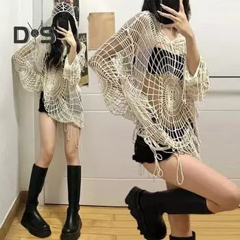 Вязаный свитер с рисунком паутины, кисточками и кромкой, ажурный стиль, однотонный пуловер, свободный крой, длинный рукав, свитер, пальто S абрикосовый