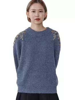 Вязаный свитер с ручной вышивкой ОДИН РАЗМЕР [Beams Heart] L/S Женский ТЕМНЫЙ?СИНИЙ