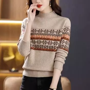 Вязаный свитер с узором «Аргайл» и воротником-стойкой, повседневный свитер с длинным рукавом для осени и зимы, женская одежда S красный