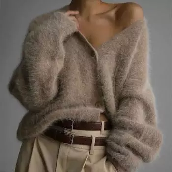 Вязаный свитер с V-образным вырезом, длинный рукав, однотонный женский повседневный кардиган, мягкий, элегантный, свободный, свитера, верхняя одежда, зимние, осенние кардиганы S серый