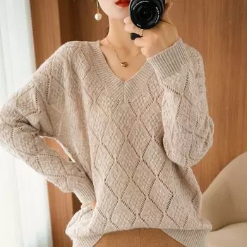 Вязаный свитер с V-образным вырезом и универсальной выемкой и свободной ромбовидной фактурой, женский базовый свитер для осени и зимы M светло-бежевый