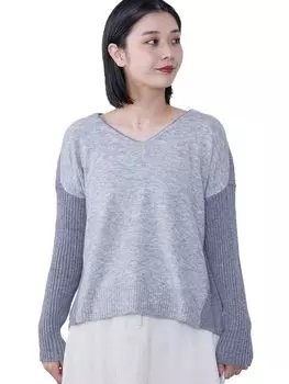 Вязаный свитер с V-образным вырезом из разных материалов СВЕТЛО-СЕРЫЙ ОДИН РАЗМЕР [Beams Heart] L/S для женщин светло-серый
