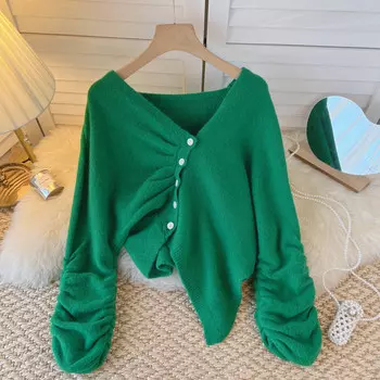 Вязаный свитер с v-образным вырезом, женский плиссированный, с длинными рукавами, диагональный ряд пуговиц, сплошной цвет, неровный низ, сексуальный свитер для горячих девушек