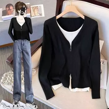 Вязаный свитер с v-образным вырезом, женский весенне-осенний свитер, топы с цветными блоками, ленивый низ One Size чёрный