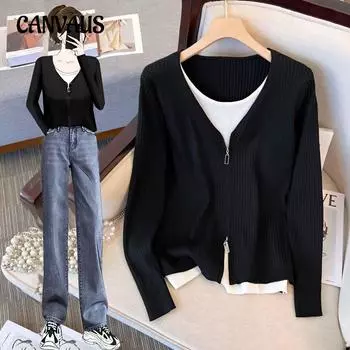 Вязаный свитер с v-образным вырезом, женский весенне-осенний свитер, топы с цветными блоками, ленивый низ One Size чёрный