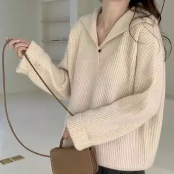 Вязаный свитер с вырезом поло, женский пуловер на осень/зиму с v-образным вырезом, маленький свободный свитер в корейской версии, женский топ One Size зелёный