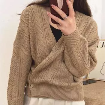 Вязаный свитер с жареным тестом, кардиган, пальто для женщин, осень 2023, новый кардиган из грубой шерсти, свободный свитер на одной пуговице, женский топ