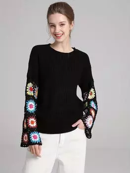 Вязаный свитер смешанных цветов с рукавами-трубами и цветочным узором ручной работы – женский осенне-зимний пуловер с круглым вырезом. Medium красный