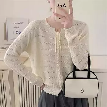 Вязаный свитер со шнуровкой и круглым вырезом, женская весенне-летняя одежда, новая корейская версия, однотонный дизайн, пояс с плетеным солнцезащитным кремом, верхняя часть One size бежевый