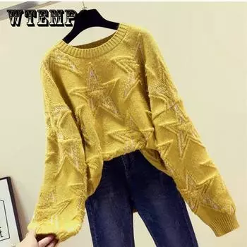 Вязаный свитер со звездами, осенне-зимний жаккардовый свободный свитер с круглым вырезом и длинными рукавами XXXL синий